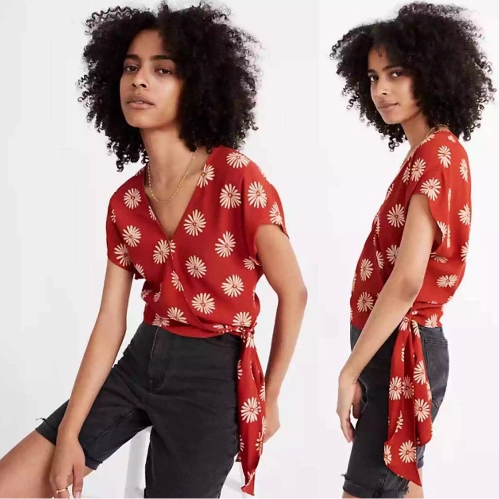 Madewell Rust Red Daisy Print Tie-Side Blouse